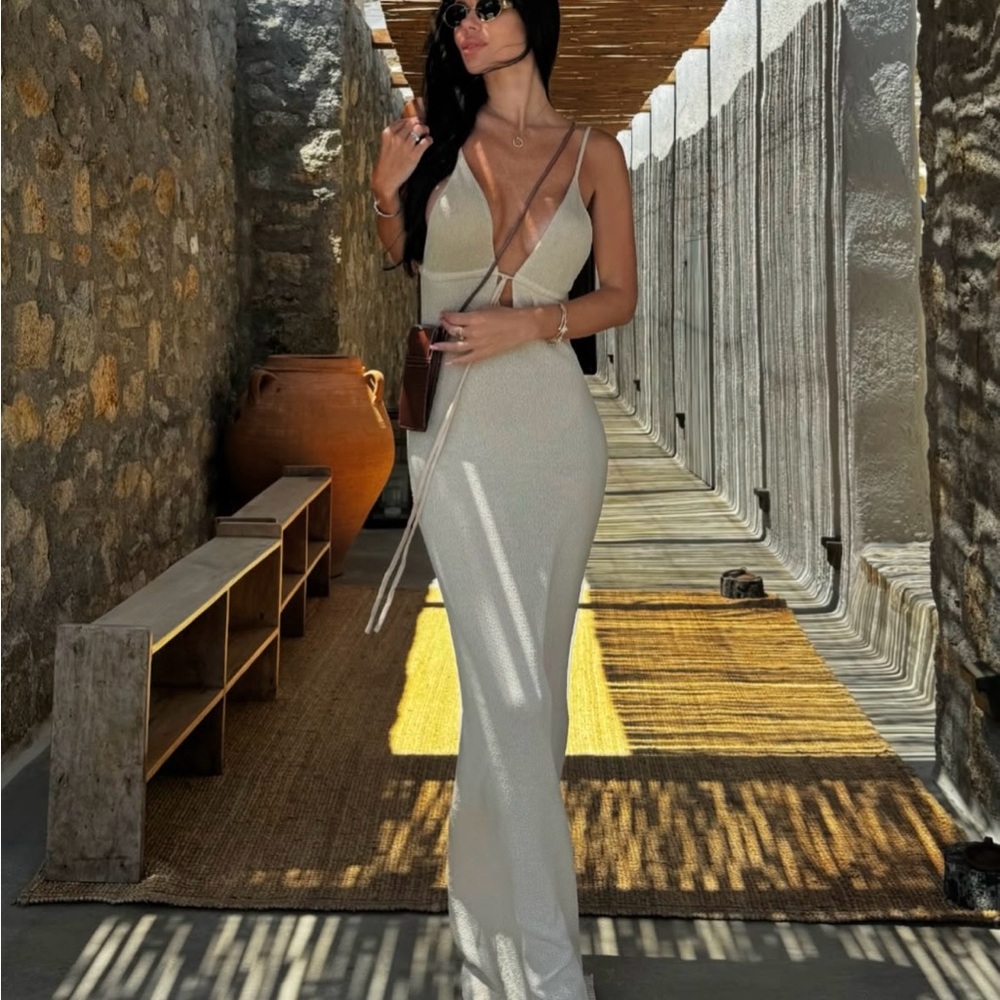 Plunging V-Neck Ivory Maxi Dress with Slim Straps